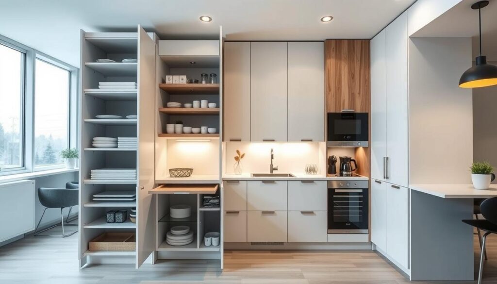 A well-lit, modern small kitchen showcasing innovative storage solutions. In the foreground, a multi-functional cabinet design features adjustable shelves, pull-out drawers, and hidden compartments, maximizing the limited space. The middle ground displays sleek, minimalist cabinetry with integrated lighting and a compact, built-in coffee station. The background depicts a bright, airy kitchen with large windows, natural wood accents, and a minimalist, Scandinavian-inspired aesthetic. The overall scene conveys a sense of efficiency, organization, and thoughtful design within a compact kitchen environment. A well-lit, modern small kitchen showcasing innovative storage solutions. In the foreground, a multi-functional cabinet design features adjustable shelves, pull-out drawers, and hidden compartments, maximizing the limited space. The middle ground displays sleek, minimalist cabinetry with integrated lighting and a compact, built-in coffee station. The background depicts a bright, airy kitchen with large windows, natural wood accents, and a minimalist, Scandinavian-inspired aesthetic. The overall scene conveys a sense of efficiency, organization, and thoughtful design within a compact kitchen environment.