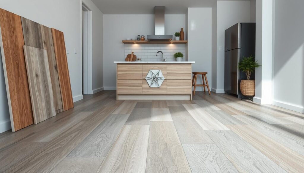 A well-lit small kitchen with practical flooring options displayed. The foreground showcases various flooring tiles and planks in natural wood tones, muted grays, and earthy shades. The middle ground features a kitchen counter with minimal decor, allowing the flooring to take center stage. The background depicts the rest of the small kitchen space, with clean white walls and subtle lighting, creating a cohesive and visually appealing scene. The overall mood is calm, modern, and focused on highlighting the functional yet stylish flooring choices suitable for a compact kitchen environment. A well-lit small kitchen with practical flooring options displayed. The foreground showcases various flooring tiles and planks in natural wood tones, muted grays, and earthy shades. The middle ground features a kitchen counter with minimal decor, allowing the flooring to take center stage. The background depicts the rest of the small kitchen space, with clean white walls and subtle lighting, creating a cohesive and visually appealing scene. The overall mood is calm, modern, and focused on highlighting the functional yet stylish flooring choices suitable for a compact kitchen environment.