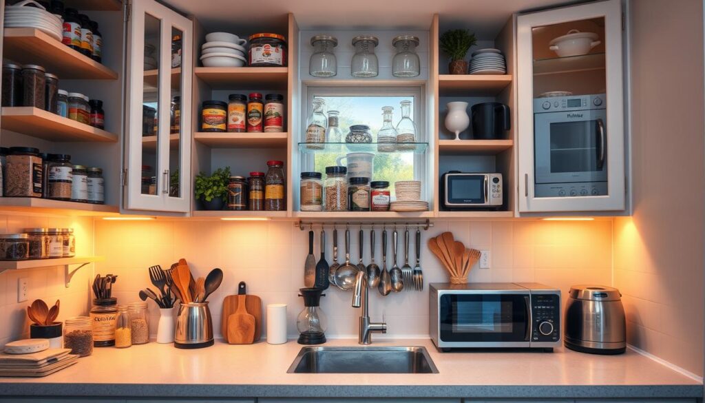 A well-organized kitchen with an abundance of smart storage solutions. Neatly arranged shelves, drawers, and cabinets showcase a variety of kitchen items, from spices and herbs to small appliances and cookware. Soft, warm lighting casts a cozy glow, highlighting the efficient use of space. The kitchen countertop is clear, creating a sense of order and organization. The overall atmosphere conveys a harmonious and functional environment, perfect for the task of small kitchen storage optimization.