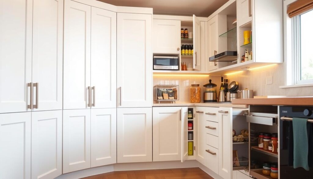 A well-organized kitchen with an abundance of storage solutions. The foreground features a range of cabinet doors, each meticulously designed to maximize space, showcasing a variety of clever organizational tools, from pull-out shelves to spice racks. The middle ground captures the kitchen's sleek, minimalist aesthetic, with clean lines and a neutral color palette. In the background, a warm, natural lighting fills the room, creating a cozy and inviting atmosphere. The image conveys a sense of efficiency and thoughtful design, perfectly encapsulating the "Make Use of Cabinet Doors" section of the small kitchen organization article.