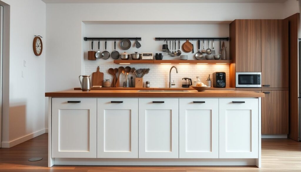 A well-organized, minimalist kitchen island with abundant storage solutions. The island features a sleek, wooden countertop and clean-lined cabinetry underneath, offering ample space for organizing pots, pans, utensils, and small appliances. The lighting is a warm, ambient glow, casting a cozy atmosphere. The camera angle captures the island from a slightly elevated perspective, showcasing its efficient design and functionality. The background is softly blurred, keeping the focus on the island's multifunctional capabilities.