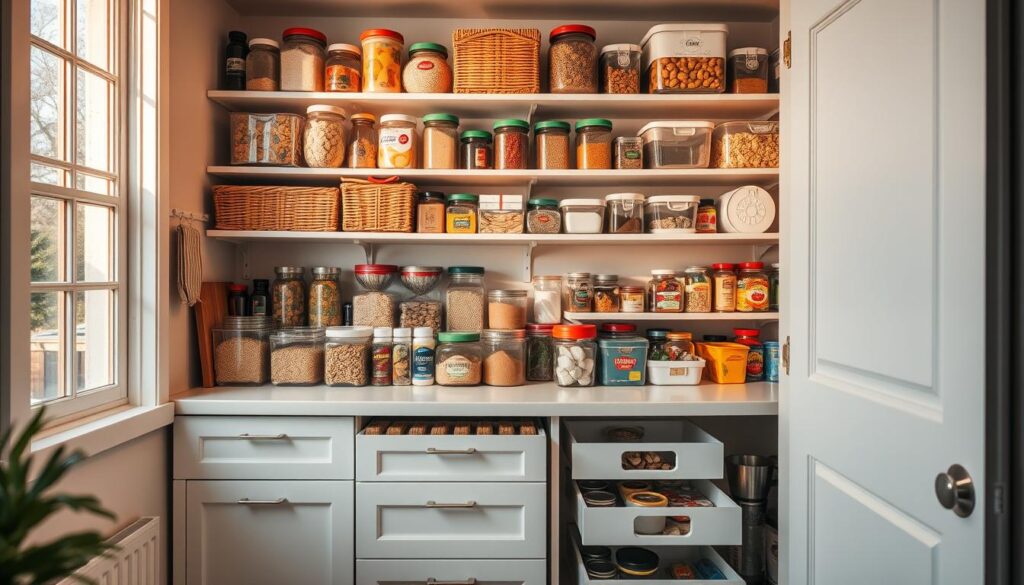 A well-organized small kitchen pantry with various storage solutions, bathed in warm, natural lighting from a large window. On the shelves, neatly arranged glass jars, wicker baskets, and stackable plastic containers hold a variety of dry goods, spices, and canned items. A pull-out drawer system occupies the lower section, providing easy access to frequently used items. The overall atmosphere is one of efficiency and a clutter-free, harmonious space that maximizes the limited area.