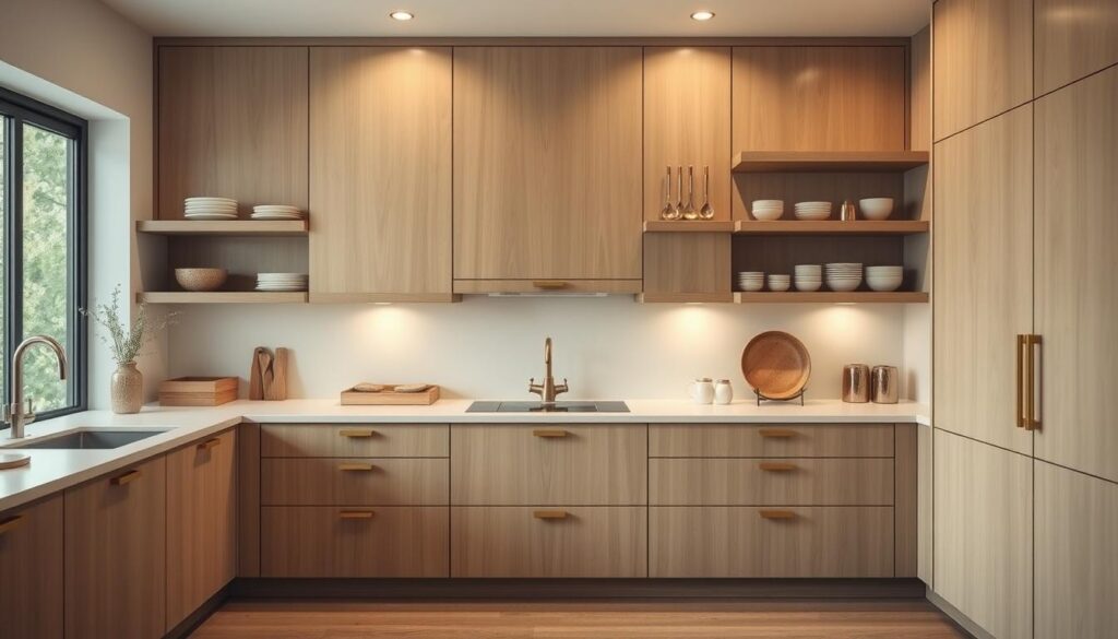Aesthetically organized kitchen cabinets, showcasing a minimalist design with clean lines and a soft, natural color palette. Wooden shelves and drawers accentuated by subtle brass hardware, strategically placed to maximize storage and display space. The layout emphasizes a harmonious flow, with carefully curated items neatly arranged, creating a sense of visual balance and tranquility. Soft, diffused lighting casts a warm glow, highlighting the textures and materials, while a large window in the background allows natural light to flood the space, enhancing the overall ambiance and sense of openness. Aesthetically organized kitchen cabinets, showcasing a minimalist design with clean lines and a soft, natural color palette. Wooden shelves and drawers accentuated by subtle brass hardware, strategically placed to maximize storage and display space. The layout emphasizes a harmonious flow, with carefully curated items neatly arranged, creating a sense of visual balance and tranquility. Soft, diffused lighting casts a warm glow, highlighting the textures and materials, while a large window in the background allows natural light to flood the space, enhancing the overall ambiance and sense of openness.