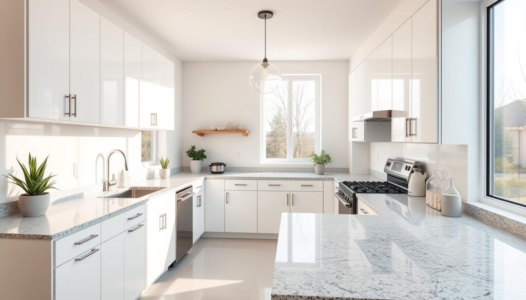 An L-shaped kitchen layout with a modern, minimalist design. Bright, natural lighting floods the space through large windows, casting a warm glow on the clean, white cabinetry and sleek, granite countertops. The layout features a long, straight run of cabinets along one wall, and a perpendicular short run along an adjacent wall, creating a nook for a small dining area. Stainless steel appliances gleam, complemented by the chrome hardware. Subtle pops of color come from potted plants and a stylish pendant light over the dining table. The overall atmosphere is airy, functional, and effortlessly chic. An L-shaped kitchen layout with a modern, minimalist design. Bright, natural lighting floods the space through large windows, casting a warm glow on the clean, white cabinetry and sleek, granite countertops. The layout features a long, straight run of cabinets along one wall, and a perpendicular short run along an adjacent wall, creating a nook for a small dining area. Stainless steel appliances gleam, complemented by the chrome hardware. Subtle pops of color come from potted plants and a stylish pendant light over the dining table. The overall atmosphere is airy, functional, and effortlessly chic.