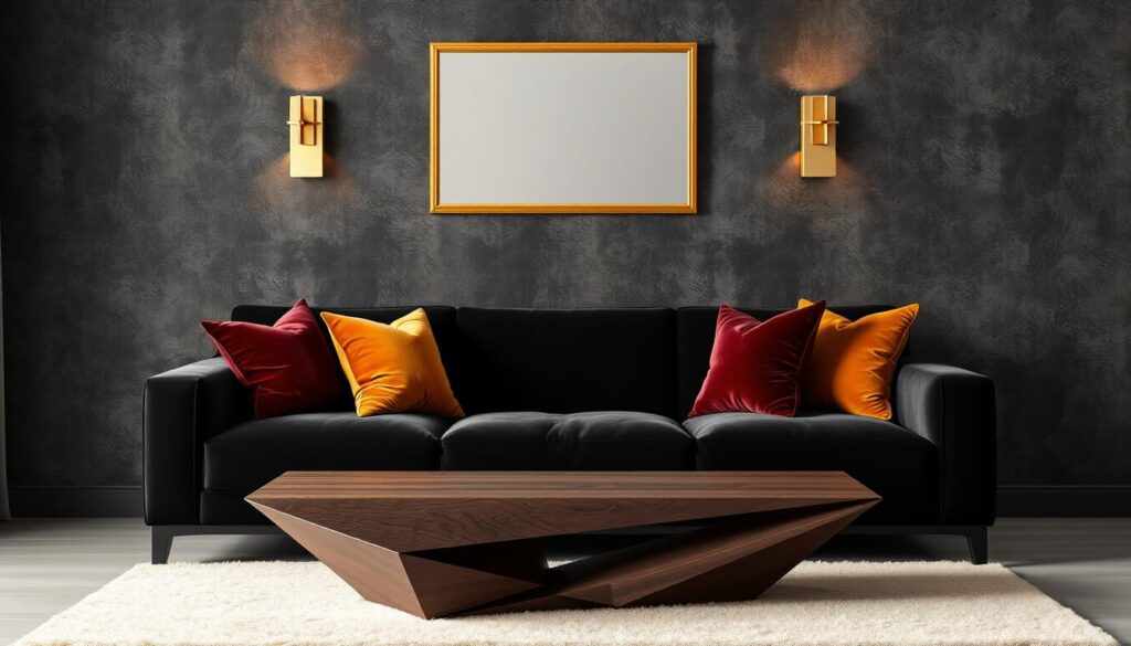 An elegant black sofa set against a richly textured, charcoal-colored wall. The sofa is adorned with plush, velvet throw pillows in complementary shades of burgundy and gold. A mid-century modern, brass-framed mirror hangs above the sofa, reflecting the warm, ambient lighting from a pair of sleek, minimalist sconces. On the floor, a soft, cream-colored area rug grounds the space, while a wooden, geometric coffee table in a dark finish provides a striking contrast. The overall atmosphere exudes refined sophistication and timeless style. An elegant black sofa set against a richly textured, charcoal-colored wall. The sofa is adorned with plush, velvet throw pillows in complementary shades of burgundy and gold. A mid-century modern, brass-framed mirror hangs above the sofa, reflecting the warm, ambient lighting from a pair of sleek, minimalist sconces. On the floor, a soft, cream-colored area rug grounds the space, while a wooden, geometric coffee table in a dark finish provides a striking contrast. The overall atmosphere exudes refined sophistication and timeless style.