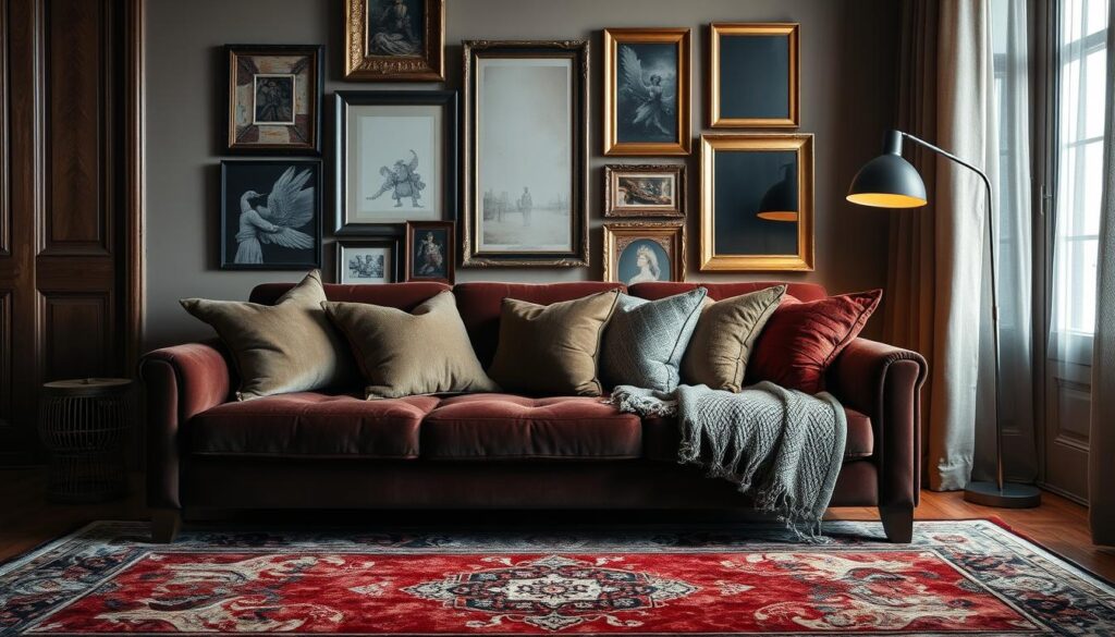 An elegant living room with a cozy, layered texture interplay. In the foreground, a plush velvet sofa in a rich, jewel-toned hue. Atop it, an array of textural throw pillows - velvets, knits, and brocades in complementary shades. The middle ground features a vintage-inspired area rug, its pattern a tapestry of woven fibers. Behind, a feature wall showcases a collage of framed artwork, the frames themselves varying in material and finish - weathered wood, gilded metal, and matte black. Soft, diffused lighting from a sleek floor lamp casts a warm, inviting glow, heightening the depth and dimension of the space. An intimate, refined atmosphere that celebrates the beauty of layered textures. An elegant living room with a cozy, layered texture interplay. In the foreground, a plush velvet sofa in a rich, jewel-toned hue. Atop it, an array of textural throw pillows - velvets, knits, and brocades in complementary shades. The middle ground features a vintage-inspired area rug, its pattern a tapestry of woven fibers. Behind, a feature wall showcases a collage of framed artwork, the frames themselves varying in material and finish - weathered wood, gilded metal, and matte black. Soft, diffused lighting from a sleek floor lamp casts a warm, inviting glow, heightening the depth and dimension of the space. An intimate, refined atmosphere that celebrates the beauty of layered textures.