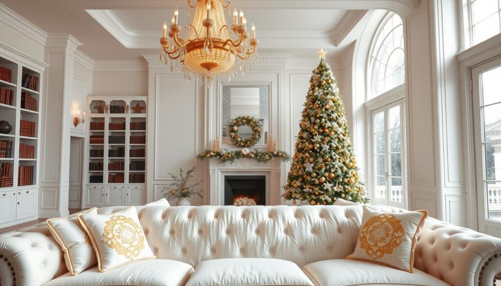 An elegant white and gold Christmas living room with high ceilings and large windows that let in abundant natural light. In the foreground, a luxurious white velvet sofa adorned with gold embroidered throw pillows. A stunning gold and crystal chandelier hangs overhead, casting a warm, inviting glow. The middle ground features a grand white marble fireplace with a gold mantelpiece, flanked by tall white bookcases filled with leather-bound volumes. In the background, a grand Christmas tree stands, its branches dripping with delicate gold ornaments and twinkling lights. Soft, diffused lighting creates a serene, cozy atmosphere, while a neutral color palette of white, gold, and touches of greenery evoke a sense of refined, timeless elegance. An elegant white and gold Christmas living room with high ceilings and large windows that let in abundant natural light. In the foreground, a luxurious white velvet sofa adorned with gold embroidered throw pillows. A stunning gold and crystal chandelier hangs overhead, casting a warm, inviting glow. The middle ground features a grand white marble fireplace with a gold mantelpiece, flanked by tall white bookcases filled with leather-bound volumes. In the background, a grand Christmas tree stands, its branches dripping with delicate gold ornaments and twinkling lights. Soft, diffused lighting creates a serene, cozy atmosphere, while a neutral color palette of white, gold, and touches of greenery evoke a sense of refined, timeless elegance.