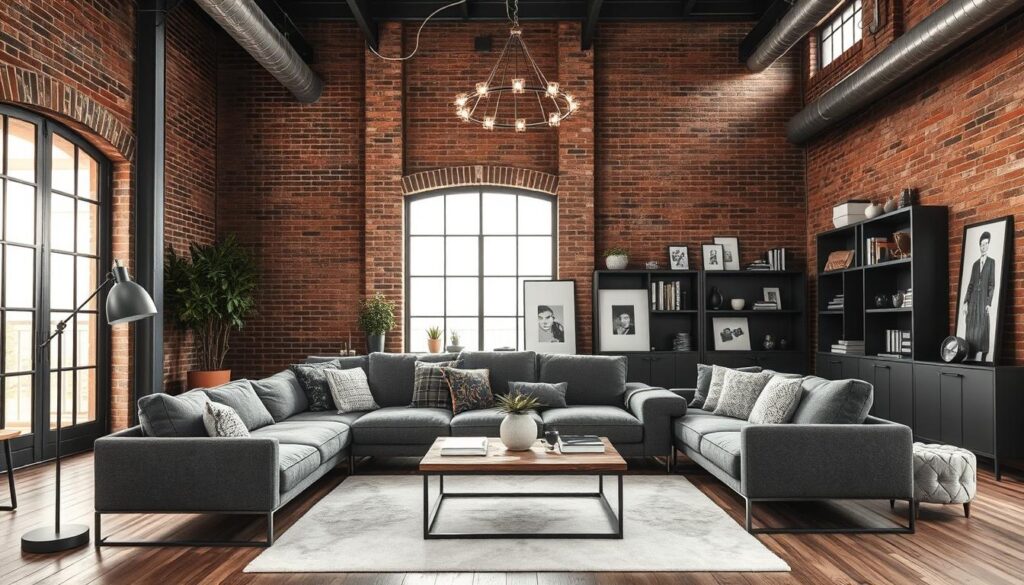 An industrial chic living room design with a dark grey color scheme. A spacious room with high ceilings and exposed brick walls, complemented by sleek metal accents and large windows that flood the space with warm, natural lighting. In the foreground, a plush grey L-shaped sofa and a low, steel-framed coffee table with a reclaimed wood top. Hanging above, a minimalist industrial-style chandelier casts a soft, ambient glow. In the middle ground, a mid-century inspired armchair and a freestanding floor lamp with a concrete base. The background features built-in shelving units displaying various decor elements, including potted plants, vintage books, and sleek black-and-white artworks. Overall, a harmonious blend of industrial and modern design elements, creating a cozy yet stylish living area. An industrial chic living room design with a dark grey color scheme. A spacious room with high ceilings and exposed brick walls, complemented by sleek metal accents and large windows that flood the space with warm, natural lighting. In the foreground, a plush grey L-shaped sofa and a low, steel-framed coffee table with a reclaimed wood top. Hanging above, a minimalist industrial-style chandelier casts a soft, ambient glow. In the middle ground, a mid-century inspired armchair and a freestanding floor lamp with a concrete base. The background features built-in shelving units displaying various decor elements, including potted plants, vintage books, and sleek black-and-white artworks. Overall, a harmonious blend of industrial and modern design elements, creating a cozy yet stylish living area.