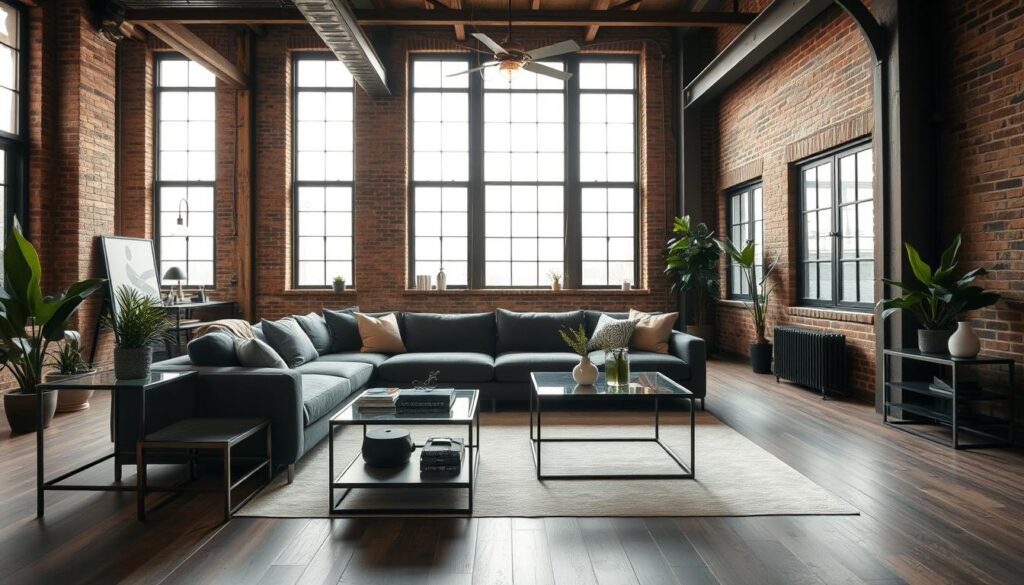 An industrial-inspired living room with a modern edge. A large open-concept space bathed in warm, ambient lighting from floor-to-ceiling windows. Exposed brick walls and structural beams create an architectural backdrop, while a plush, L-shaped sofa in charcoal grey anchors the seating area. Sleek, metal and glass coffee tables and side tables lend an industrial flair, complemented by vintage-inspired lighting fixtures overhead. Pops of greenery from potted plants and a neutral color palette of tans, grays, and blacks cultivate a refined, yet cozy atmosphere. The room exudes a harmonious blend of rugged industrial elements and contemporary, minimalist design. An industrial-inspired living room with a modern edge. A large open-concept space bathed in warm, ambient lighting from floor-to-ceiling windows. Exposed brick walls and structural beams create an architectural backdrop, while a plush, L-shaped sofa in charcoal grey anchors the seating area. Sleek, metal and glass coffee tables and side tables lend an industrial flair, complemented by vintage-inspired lighting fixtures overhead. Pops of greenery from potted plants and a neutral color palette of tans, grays, and blacks cultivate a refined, yet cozy atmosphere. The room exudes a harmonious blend of rugged industrial elements and contemporary, minimalist design.