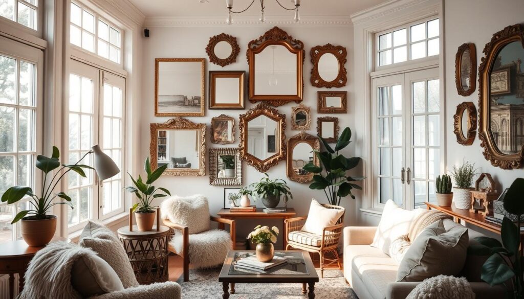 An intimate living room, bathed in warm, natural light streaming through large windows. The focal point is a tasteful arrangement of mirrors, strategically placed to create the illusion of depth and amplify the sense of space. Ornate, vintage-inspired frames in gold and silver tones adorn the walls, complementing the cozy, eclectic decor. Plush textiles, such as a plush area rug and soft, neutral-toned cushions, add to the inviting ambiance. Houseplants and carefully curated knick-knacks complete the harmonious, welcoming atmosphere, making this small living room a cozy and visually captivating retreat. An intimate living room, bathed in warm, natural light streaming through large windows. The focal point is a tasteful arrangement of mirrors, strategically placed to create the illusion of depth and amplify the sense of space. Ornate, vintage-inspired frames in gold and silver tones adorn the walls, complementing the cozy, eclectic decor. Plush textiles, such as a plush area rug and soft, neutral-toned cushions, add to the inviting ambiance. Houseplants and carefully curated knick-knacks complete the harmonious, welcoming atmosphere, making this small living room a cozy and visually captivating retreat.