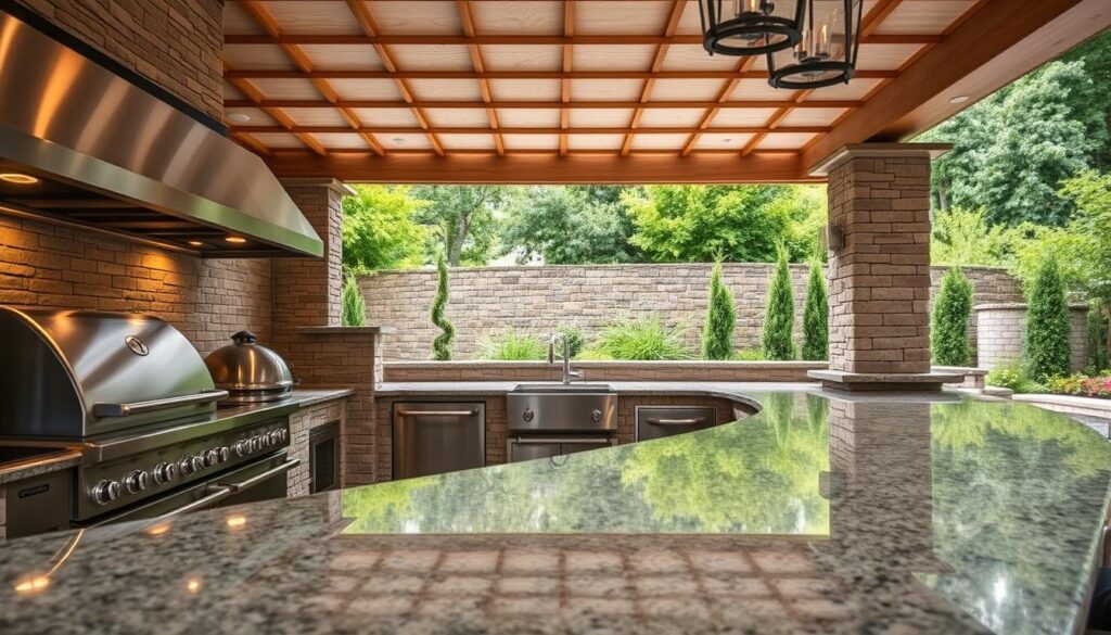 An outdoor kitchen layout featuring a variety of high-quality materials. In the foreground, a smooth granite countertop and stainless steel appliances gleam under warm, natural lighting. In the middle ground, rustic stone veneer panels line the exterior, complemented by a wooden pergola structure overhead. In the background, lush greenery and a glimpse of a tranquil garden set the scene. The overall atmosphere evokes a sense of sophisticated, yet inviting alfresco dining and entertaining. Captured at a slight angle to showcase the tactile textures and materials. An outdoor kitchen layout featuring a variety of high-quality materials. In the foreground, a smooth granite countertop and stainless steel appliances gleam under warm, natural lighting. In the middle ground, rustic stone veneer panels line the exterior, complemented by a wooden pergola structure overhead. In the background, lush greenery and a glimpse of a tranquil garden set the scene. The overall atmosphere evokes a sense of sophisticated, yet inviting alfresco dining and entertaining. Captured at a slight angle to showcase the tactile textures and materials.