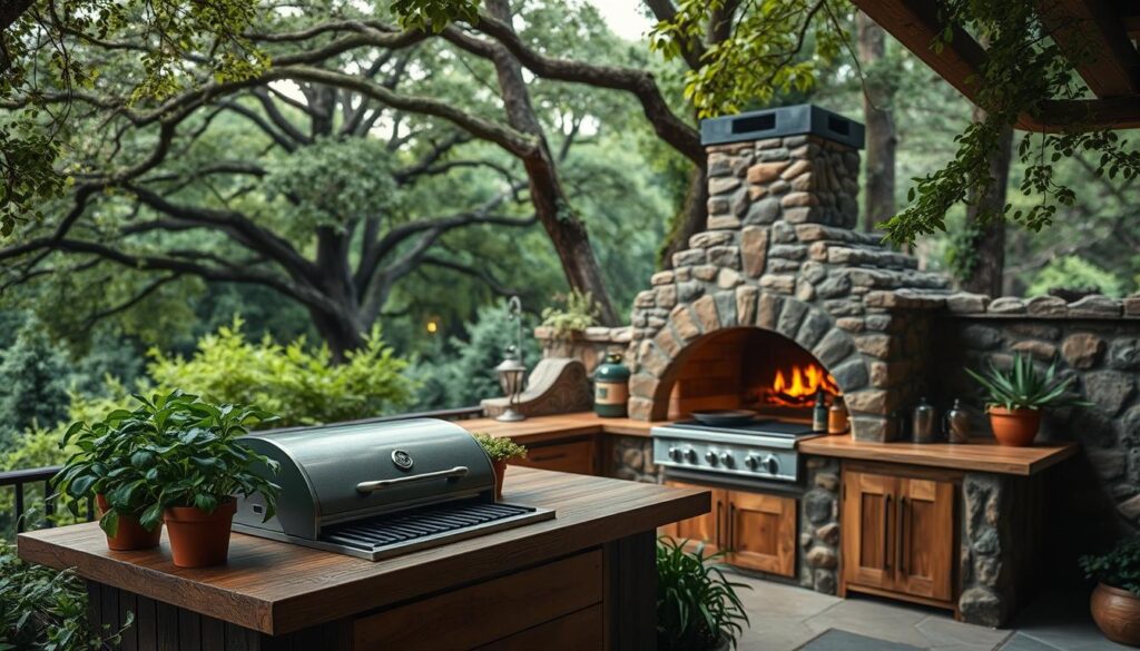 An outdoor kitchen nestled in a lush, natural setting. In the foreground, a rustic wooden counter with a built-in grill, surrounded by potted herbs and leafy greens. Midground showcases a large stone or brick oven, its warm glow complementing the earthy tones. The background features a verdant backdrop of towering trees, their branches casting a gentle, dappled light across the scene. The atmosphere is one of tranquility and harmony, with the natural elements seamlessly integrated into the functional outdoor cooking space. Captured with a wide-angle lens to emphasize the sense of expansive, open-air living. The overall mood is one of warmth, simplicity, and a connection to the great outdoors. An outdoor kitchen nestled in a lush, natural setting. In the foreground, a rustic wooden counter with a built-in grill, surrounded by potted herbs and leafy greens. Midground showcases a large stone or brick oven, its warm glow complementing the earthy tones. The background features a verdant backdrop of towering trees, their branches casting a gentle, dappled light across the scene. The atmosphere is one of tranquility and harmony, with the natural elements seamlessly integrated into the functional outdoor cooking space. Captured with a wide-angle lens to emphasize the sense of expansive, open-air living. The overall mood is one of warmth, simplicity, and a connection to the great outdoors.