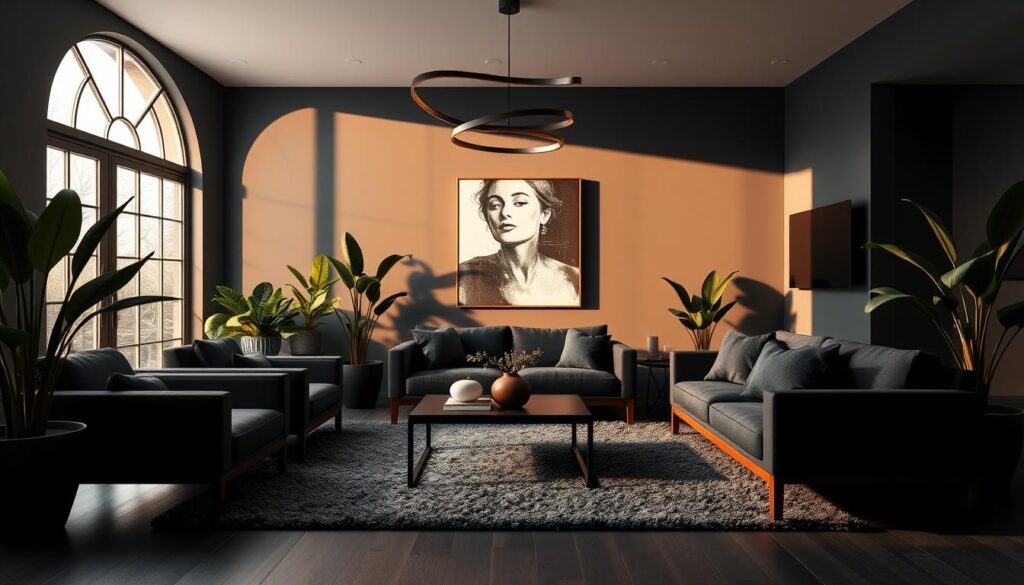 Chic and sophisticated black living room, bathed in soft, warm lighting. Sleek, minimalist furniture in matte black and rich wood tones. Plush, textured area rug and throw pillows add depth and coziness. Large, arched windows let in natural light, casting elegant shadows. Sculptural, modern light fixtures hang overhead, casting a gentle glow. Strategically placed potted plants and a striking piece of abstract wall art complete the high-end, gallery-inspired aesthetic. The overall mood is one of refined elegance, creating a serene and inviting atmosphere.