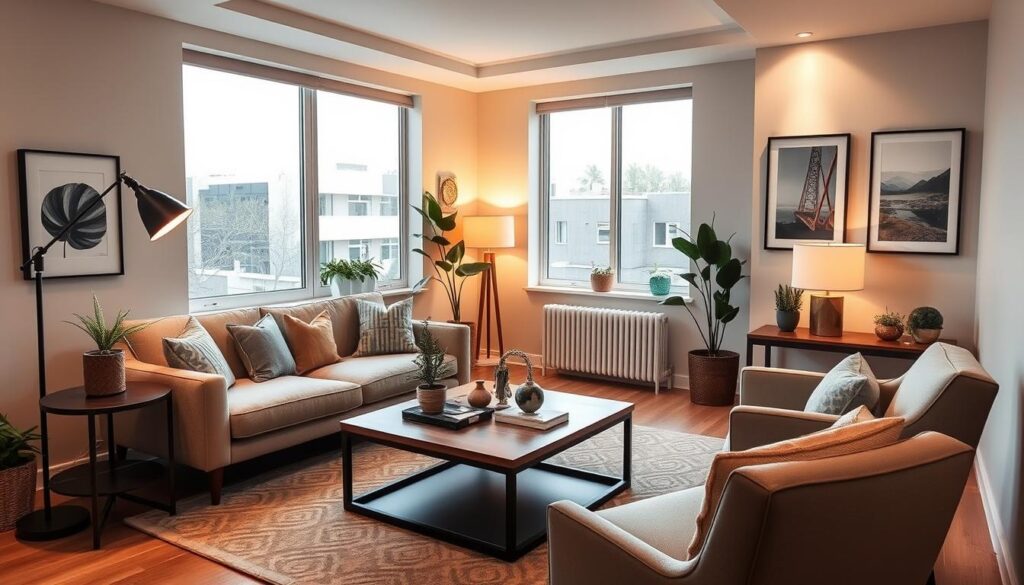 Compact living room designs showcasing personalized style. A cozy, well-lit space with a plush, modern sofa and minimalist accent chairs. Sleek wooden coffee table and side tables display personal mementos and plants. Warm-toned lighting from floor lamps and recessed ceiling fixtures create a welcoming ambiance. Tasteful wall art and a patterned area rug add visual interest. Large windows let in natural light, making the room feel bright and airy. Neutral color palette with pops of color from textiles and decor. Effortlessly blending functionality and aesthetics in a small, stylish living room. Compact living room designs showcasing personalized style. A cozy, well-lit space with a plush, modern sofa and minimalist accent chairs. Sleek wooden coffee table and side tables display personal mementos and plants. Warm-toned lighting from floor lamps and recessed ceiling fixtures create a welcoming ambiance. Tasteful wall art and a patterned area rug add visual interest. Large windows let in natural light, making the room feel bright and airy. Neutral color palette with pops of color from textiles and decor. Effortlessly blending functionality and aesthetics in a small, stylish living room.