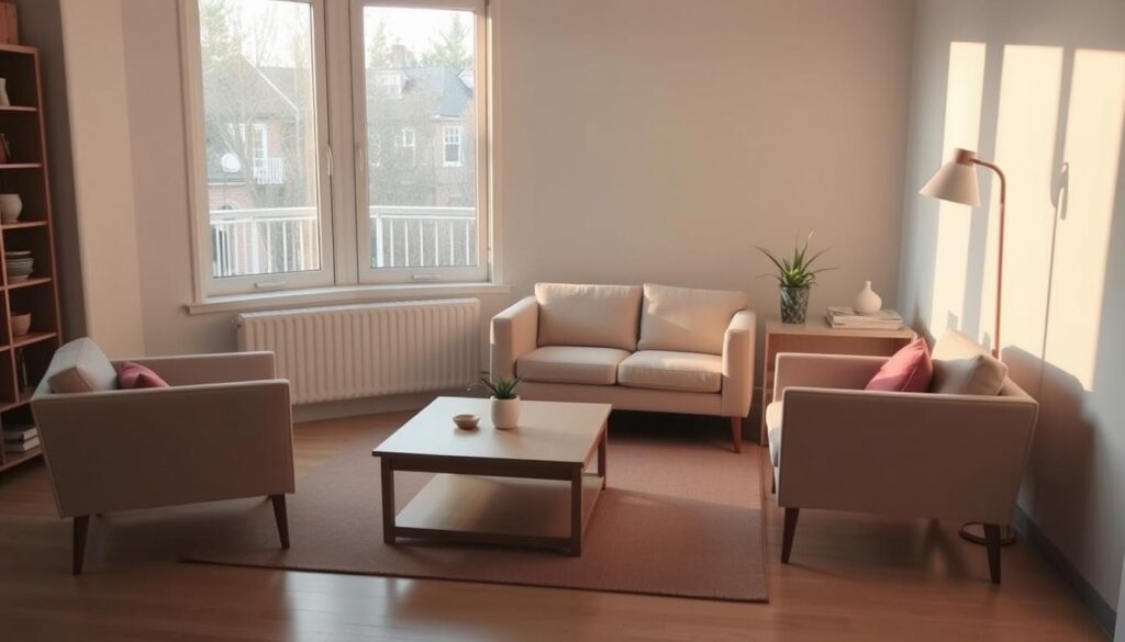 Compact living room furniture, arranged in a cozy, inviting layout. A minimalist, Scandinavian-inspired sofa in a light, neutral tone, paired with a sleek, low-profile coffee table and a pair of matching armchairs. Soft, natural lighting filters in through large windows, casting a warm glow on the space. The room is accented with subtle pops of color, such as a vibrant throw pillow or a potted plant, adding a touch of liveliness. The overall atmosphere is one of simplicity, functionality, and a sense of tranquility, perfectly suited for a small living space. Compact living room furniture, arranged in a cozy, inviting layout. A minimalist, Scandinavian-inspired sofa in a light, neutral tone, paired with a sleek, low-profile coffee table and a pair of matching armchairs. Soft, natural lighting filters in through large windows, casting a warm glow on the space. The room is accented with subtle pops of color, such as a vibrant throw pillow or a potted plant, adding a touch of liveliness. The overall atmosphere is one of simplicity, functionality, and a sense of tranquility, perfectly suited for a small living space.