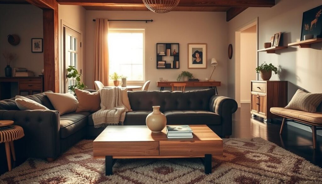 Cozy living spaces with a warm, inviting atmosphere. A plush, tufted sofa in a rich, dark color sits in the foreground, surrounded by soft throw pillows and a cozy knitted blanket. In the middle ground, a wooden coffee table with a minimalist design is accented by a decorative ceramic vase and a few books. The background features a large window, letting in natural light that casts a golden glow throughout the room. Plush area rugs in earthy tones cover the dark hardwood floors, and subtle wall decor, such as framed artwork or floating shelves, add personalized touches. The overall scene evokes a sense of comfort, relaxation, and a lived-in, welcoming ambiance. Cozy living spaces with a warm, inviting atmosphere. A plush, tufted sofa in a rich, dark color sits in the foreground, surrounded by soft throw pillows and a cozy knitted blanket. In the middle ground, a wooden coffee table with a minimalist design is accented by a decorative ceramic vase and a few books. The background features a large window, letting in natural light that casts a golden glow throughout the room. Plush area rugs in earthy tones cover the dark hardwood floors, and subtle wall decor, such as framed artwork or floating shelves, add personalized touches. The overall scene evokes a sense of comfort, relaxation, and a lived-in, welcoming ambiance.