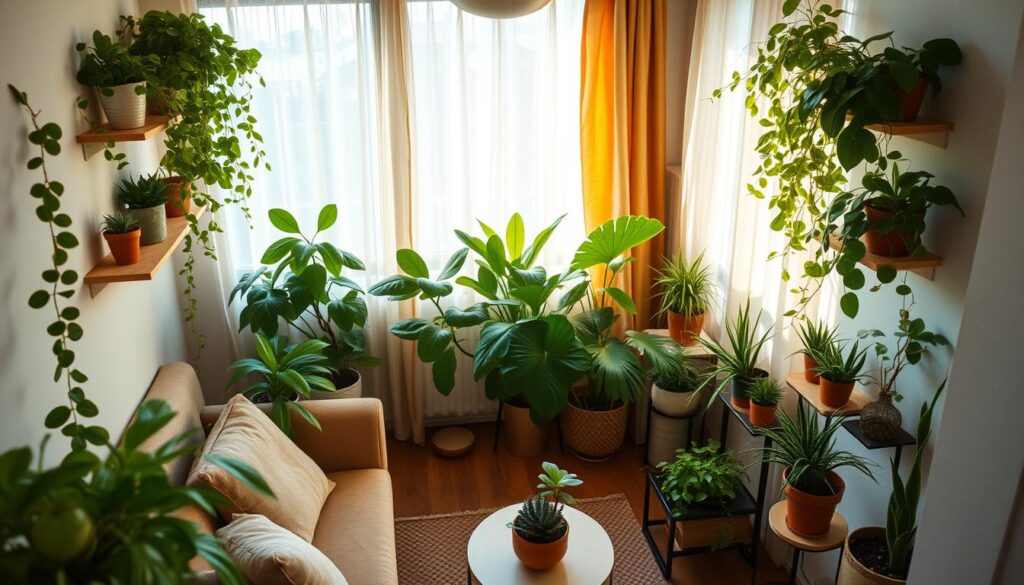 Cozy small living room with a variety of lush, vibrant houseplants tastefully arranged on shelves, side tables, and windowsills. Warm, natural lighting filters through sheer curtains, casting a soft glow on the greenery. The plants are a mix of trailing vines, tall leafy specimens, and compact succulents, creating a serene, nature-inspired ambiance. The room's neutral color palette and minimalist furnishings allow the plants to take center stage, making the space feel tranquil and inviting. High-angle shot captures the plants from an eye-level perspective, emphasizing their scale and presence within the intimate, well-designed living area. Cozy small living room with a variety of lush, vibrant houseplants tastefully arranged on shelves, side tables, and windowsills. Warm, natural lighting filters through sheer curtains, casting a soft glow on the greenery. The plants are a mix of trailing vines, tall leafy specimens, and compact succulents, creating a serene, nature-inspired ambiance. The room's neutral color palette and minimalist furnishings allow the plants to take center stage, making the space feel tranquil and inviting. High-angle shot captures the plants from an eye-level perspective, emphasizing their scale and presence within the intimate, well-designed living area.