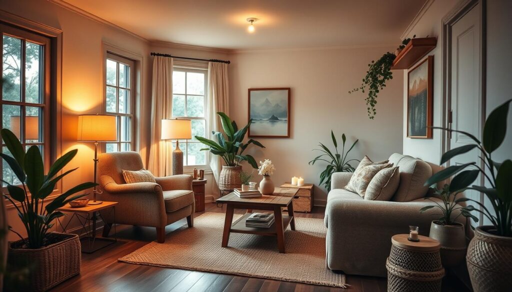 Cozy small living room with warm lighting, plush furniture, and natural textures. Compact yet inviting layout with a cozy armchair, a plush sofa, and a central coffee table. Soft lighting from a floor lamp and a few candles creates a welcoming ambiance. Wooden accents, a textured area rug, and lush potted plants add organic elements. Large windows allow natural light to filter in, making the space feel bright and airy. The overall atmosphere is intimate, comfortable, and perfectly suited for relaxation. Cozy small living room with warm lighting, plush furniture, and natural textures. Compact yet inviting layout with a cozy armchair, a plush sofa, and a central coffee table. Soft lighting from a floor lamp and a few candles creates a welcoming ambiance. Wooden accents, a textured area rug, and lush potted plants add organic elements. Large windows allow natural light to filter in, making the space feel bright and airy. The overall atmosphere is intimate, comfortable, and perfectly suited for relaxation.