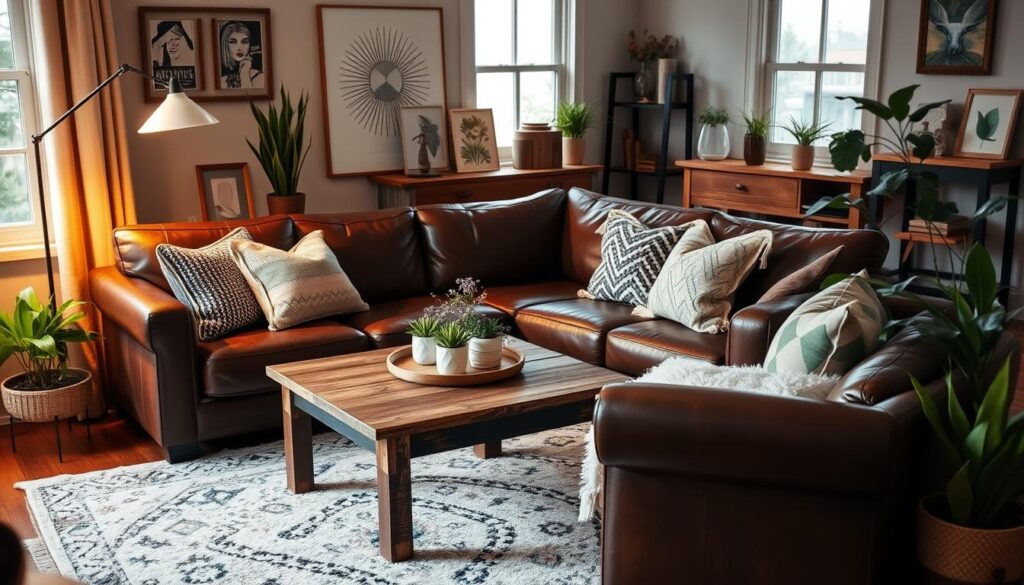 Dark brown leather couch living room