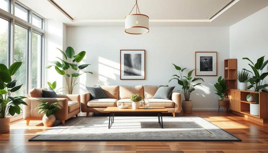Elegant modern living room with lush indoor plants. Spacious and airy, with large windows allowing natural light to flood the space. Plush velvet sofa in a neutral tone, complemented by minimalist wooden coffee table and shelving unit. Leafy potted plants strategically placed throughout, creating a harmonious balance between the indoor and outdoor environment. Soft, diffused lighting from statement pendant fixtures above, casting a warm, soothing glow. Framed artwork on the walls, adding a touch of sophistication. Polished hardwood floors, cozy area rug, and clean, contemporary design elements. An inviting, nature-inspired sanctuary for relaxation and mindful living. Elegant modern living room with lush indoor plants. Spacious and airy, with large windows allowing natural light to flood the space. Plush velvet sofa in a neutral tone, complemented by minimalist wooden coffee table and shelving unit. Leafy potted plants strategically placed throughout, creating a harmonious balance between the indoor and outdoor environment. Soft, diffused lighting from statement pendant fixtures above, casting a warm, soothing glow. Framed artwork on the walls, adding a touch of sophistication. Polished hardwood floors, cozy area rug, and clean, contemporary design elements. An inviting, nature-inspired sanctuary for relaxation and mindful living.