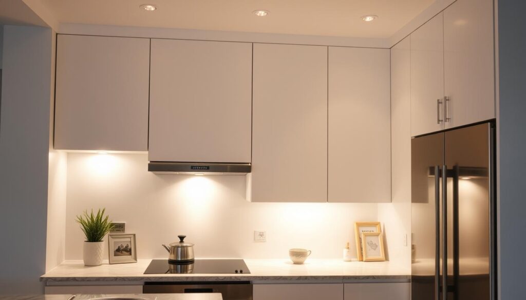 Elegant under-cabinet lighting, casting a warm, ambient glow across a pristine white kitchen. Sleek, recessed fixtures seamlessly integrated into the cabinetry, illuminating the workspace below. Soft, diffused light spills over countertops, highlighting polished stone surfaces and stainless steel appliances. The lighting creates a cozy, inviting atmosphere, enhancing the functionality and aesthetic appeal of the compact kitchen. Subtle shadows play across the cabinets, adding depth and dimension to the space. A perfect balance of form and function, this discreet lighting solution elevates the overall design, making the most of limited cabinet space. Elegant under-cabinet lighting, casting a warm, ambient glow across a pristine white kitchen. Sleek, recessed fixtures seamlessly integrated into the cabinetry, illuminating the workspace below. Soft, diffused light spills over countertops, highlighting polished stone surfaces and stainless steel appliances. The lighting creates a cozy, inviting atmosphere, enhancing the functionality and aesthetic appeal of the compact kitchen. Subtle shadows play across the cabinets, adding depth and dimension to the space. A perfect balance of form and function, this discreet lighting solution elevates the overall design, making the most of limited cabinet space.