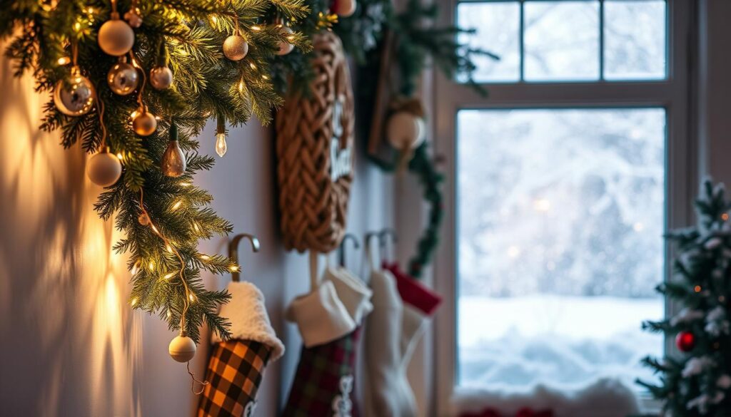 Festive wall decor with a cozy, inviting atmosphere. In the foreground, a lush garland with twinkling fairy lights and delicate ornaments cascades down the wall. Textured stockings and a woven wreath add depth and visual interest. The middle ground features a rustic wooden sign with hand-painted holiday lettering, casting a warm glow. In the background, a snowy landscape through a frosty window, giving the scene a serene, winter wonderland feel. Soft, diffused lighting bathes the entire composition, creating a welcoming and enchanting ambiance. The overall impression is one of a charming, meticulously curated Christmas display that radiates holiday cheer. Festive wall decor with a cozy, inviting atmosphere. In the foreground, a lush garland with twinkling fairy lights and delicate ornaments cascades down the wall. Textured stockings and a woven wreath add depth and visual interest. The middle ground features a rustic wooden sign with hand-painted holiday lettering, casting a warm glow. In the background, a snowy landscape through a frosty window, giving the scene a serene, winter wonderland feel. Soft, diffused lighting bathes the entire composition, creating a welcoming and enchanting ambiance. The overall impression is one of a charming, meticulously curated Christmas display that radiates holiday cheer.