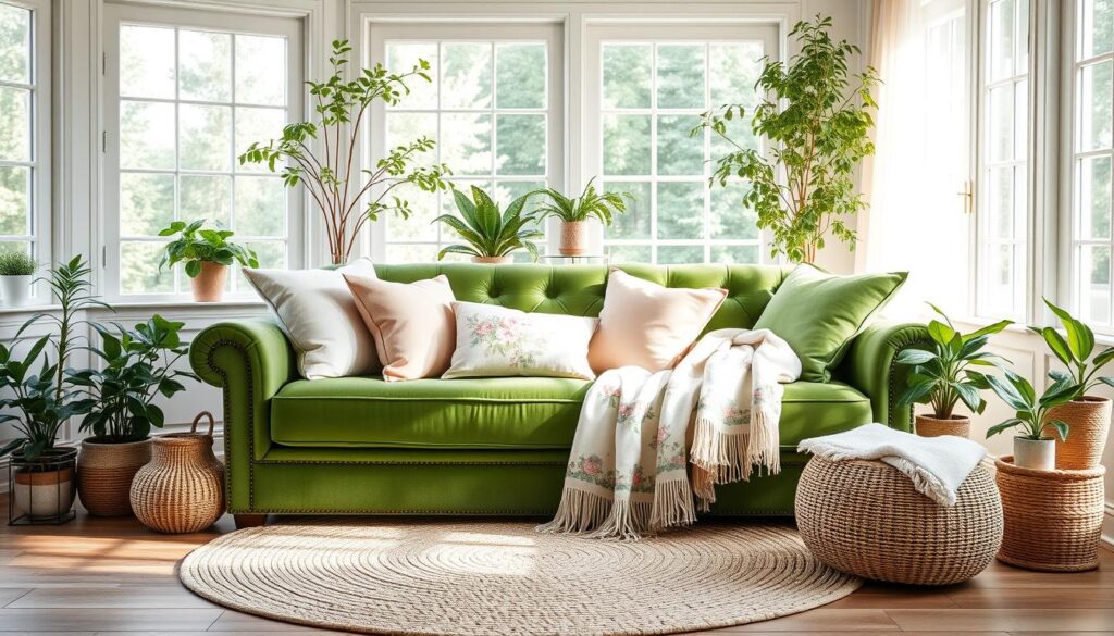 Green velvet couch with summer decor Green velvet couch with summer decor