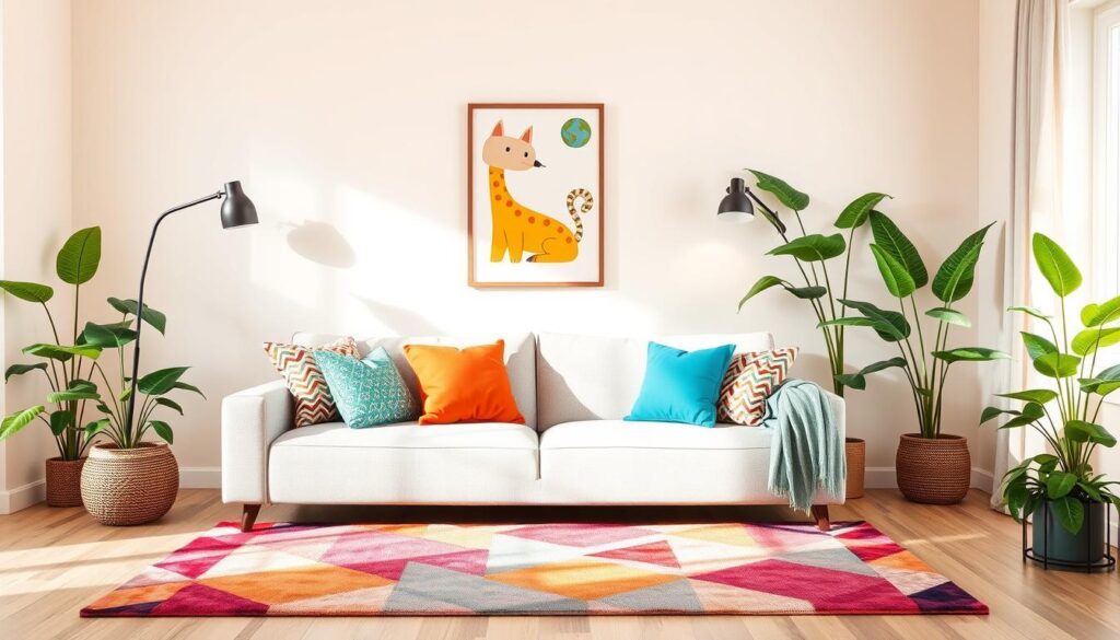 Grey couch with beige walls and colorful accents