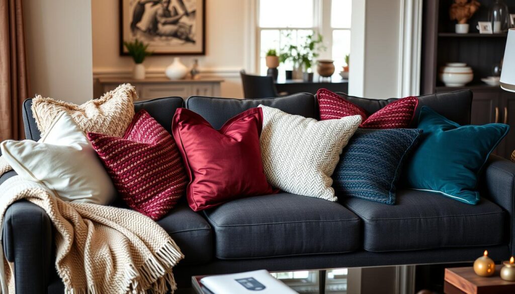Layering throw pillows on a dark charcoal couch