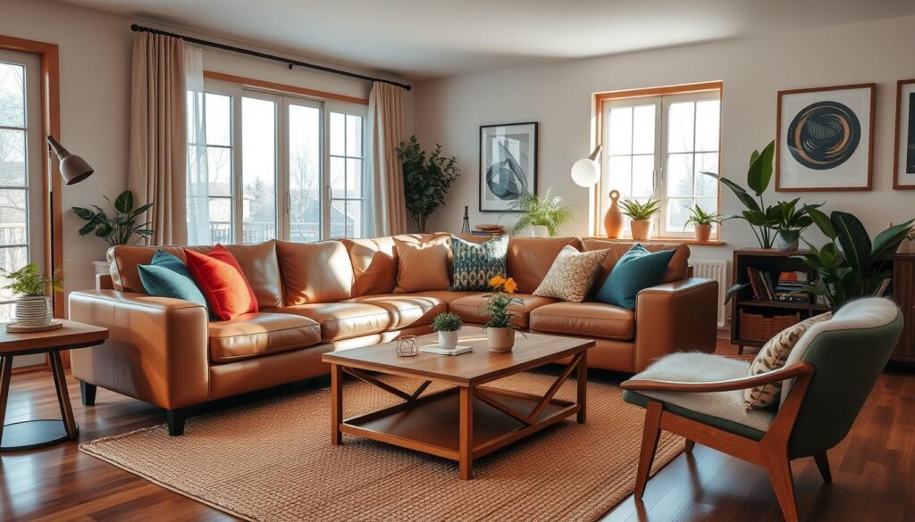 Light brown leather couch living room decor ideas