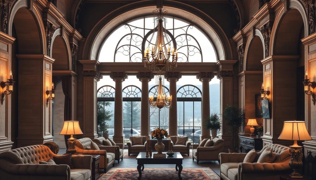 Majestic classic arch designs for a grand living room. Tall, ornate stone arches frame the space, casting dramatic shadows and creating a sense of timeless elegance. Ornate moldings and intricate carvings adorn the archways, reflecting the architectural styles of bygone eras. Warm, soft lighting from sconces and a central chandelier bathes the room in a cozy, inviting glow. In the foreground, plush, tufted furniture and lush, ornamental rugs evoke a sophisticated, old-world ambiance. The middle ground features tall, stately columns supporting the arches, while the background showcases large, decorative windows overlooking a picturesque outdoor scene. Majestic classic arch designs for a grand living room. Tall, ornate stone arches frame the space, casting dramatic shadows and creating a sense of timeless elegance. Ornate moldings and intricate carvings adorn the archways, reflecting the architectural styles of bygone eras. Warm, soft lighting from sconces and a central chandelier bathes the room in a cozy, inviting glow. In the foreground, plush, tufted furniture and lush, ornamental rugs evoke a sophisticated, old-world ambiance. The middle ground features tall, stately columns supporting the arches, while the background showcases large, decorative windows overlooking a picturesque outdoor scene.