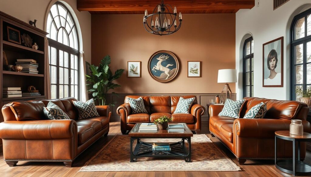 Medium brown leather couch living room decor ideas