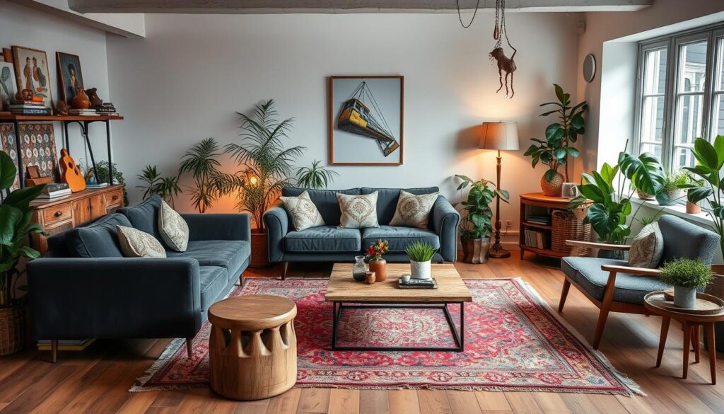 Mixed furniture styles around a grey sofa