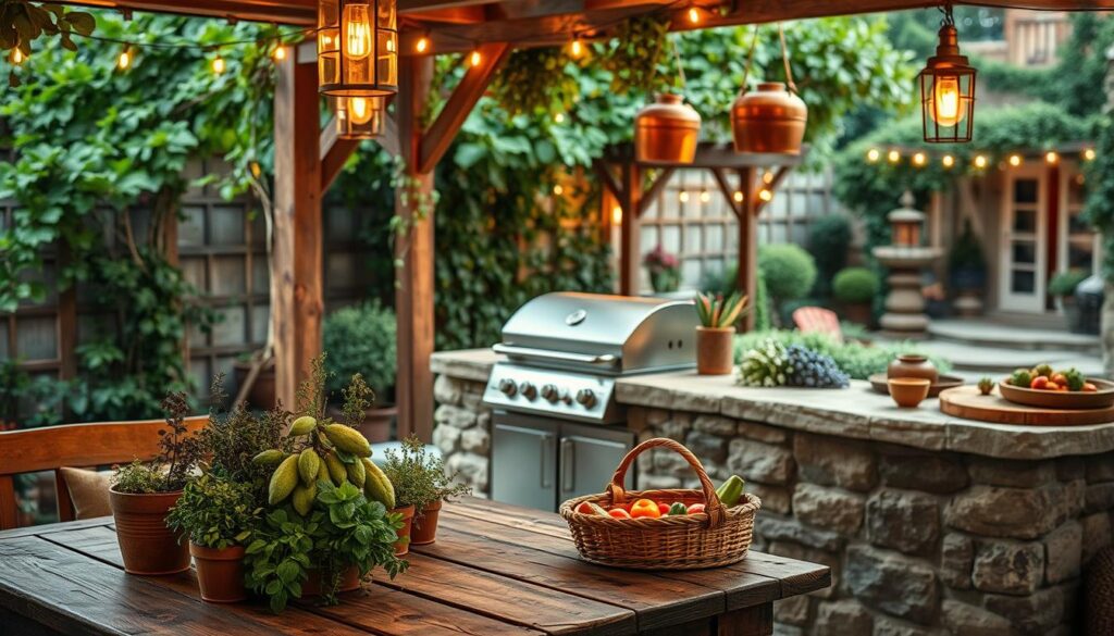 Outdoor kitchen decor ideas: a cozy, rustic scene with warm lighting and natural textures. In the foreground, a wooden table adorned with potted herbs, fresh produce, and a hand-woven basket. In the middle ground, a stone-clad countertop with a vintage-inspired grill and copper pots hanging overhead. The background features a lush, verdant landscape with a trellis of climbing vines and a glimpse of a quaint patio. The scene is illuminated by a soft, golden glow from lanterns and string lights, creating an inviting and intimate atmosphere. Outdoor kitchen decor ideas: a cozy, rustic scene with warm lighting and natural textures. In the foreground, a wooden table adorned with potted herbs, fresh produce, and a hand-woven basket. In the middle ground, a stone-clad countertop with a vintage-inspired grill and copper pots hanging overhead. The background features a lush, verdant landscape with a trellis of climbing vines and a glimpse of a quaint patio. The scene is illuminated by a soft, golden glow from lanterns and string lights, creating an inviting and intimate atmosphere.