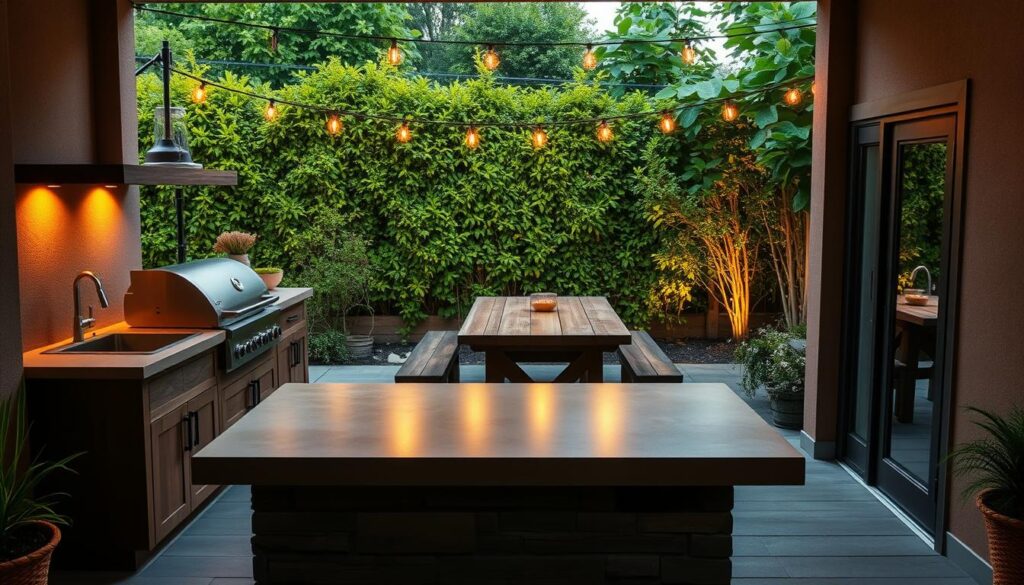 Outdoor kitchen layout showcasing a compact, efficient design for small spaces. In the foreground, a tidy counter with a built-in grill and sink, flanked by ample storage cabinets. The middle ground features a cozy dining area with a rustic wooden table and benches, bathed in warm, ambient lighting. In the background, a lush, green foliage backdrop creates a serene, natural atmosphere, complemented by the soft glow of string lights overhead. The layout maximizes functionality while maintaining a visually appealing, cohesive aesthetic suitable for a small backyard or patio. Outdoor kitchen layout showcasing a compact, efficient design for small spaces. In the foreground, a tidy counter with a built-in grill and sink, flanked by ample storage cabinets. The middle ground features a cozy dining area with a rustic wooden table and benches, bathed in warm, ambient lighting. In the background, a lush, green foliage backdrop creates a serene, natural atmosphere, complemented by the soft glow of string lights overhead. The layout maximizes functionality while maintaining a visually appealing, cohesive aesthetic suitable for a small backyard or patio.