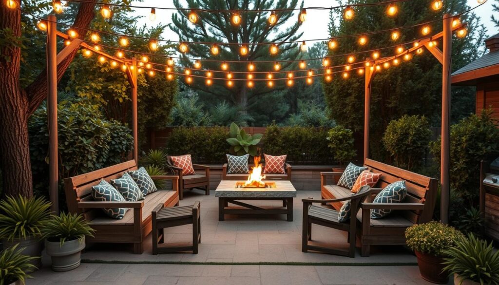Outdoor kitchen seating options: A cozy, well-lit arrangement of weathered wooden benches and chairs nestled within a lush, verdant landscape. Geometric patterned cushions add pops of color, while a central fire pit casts a warm, inviting glow. Overhead, a canopy of string lights creates a dreamy, al fresco ambiance. The scene is framed by towering trees and potted plants, blending seamlessly with the natural surroundings. Diffused, golden-hour lighting bathes the entire setting, lending a tranquil, atmospheric quality. The overall impression is one of rustic sophistication, perfect for enjoying meals and hosting gatherings in the great outdoors. Outdoor kitchen seating options: A cozy, well-lit arrangement of weathered wooden benches and chairs nestled within a lush, verdant landscape. Geometric patterned cushions add pops of color, while a central fire pit casts a warm, inviting glow. Overhead, a canopy of string lights creates a dreamy, al fresco ambiance. The scene is framed by towering trees and potted plants, blending seamlessly with the natural surroundings. Diffused, golden-hour lighting bathes the entire setting, lending a tranquil, atmospheric quality. The overall impression is one of rustic sophistication, perfect for enjoying meals and hosting gatherings in the great outdoors.