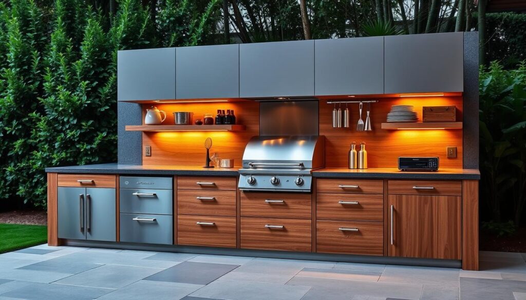 Outdoor kitchen storage solutions showcasing a stylish and functional arrangement. A sleek, modern outdoor kitchen setup with built-in cabinetry, drawers, and shelves made of weatherproof materials like stainless steel and teak. The layout is designed to maximize storage space, with ample room for cooking essentials, utensils, and small appliances. Warm task lighting illuminates the area, creating an inviting and practical ambiance. The kitchen is situated against a backdrop of lush greenery, blending seamlessly with the natural surroundings. Captured with a wide-angle lens to showcase the entire arrangement in a clean, uncluttered composition. Outdoor kitchen storage solutions showcasing a stylish and functional arrangement. A sleek, modern outdoor kitchen setup with built-in cabinetry, drawers, and shelves made of weatherproof materials like stainless steel and teak. The layout is designed to maximize storage space, with ample room for cooking essentials, utensils, and small appliances. Warm task lighting illuminates the area, creating an inviting and practical ambiance. The kitchen is situated against a backdrop of lush greenery, blending seamlessly with the natural surroundings. Captured with a wide-angle lens to showcase the entire arrangement in a clean, uncluttered composition.