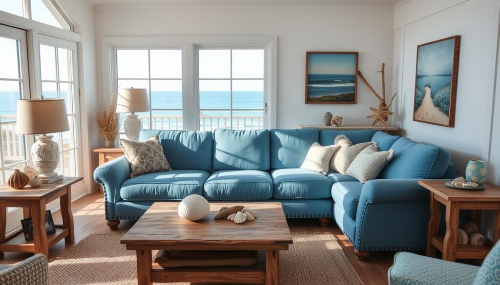 Prompt A bright and airy coastal living room with a plush blue couch as the centerpiece. The couch is flanked by large windows overlooking a tranquil ocean view, allowing natural light to flood the space. Rustic wooden accents, such as a coffee table and side tables, complement the beachy vibe. Decorative elements like seashells, driftwood, and nautical-inspired artwork adorn the room, creating a serene and harmonious atmosphere. The lighting is soft and diffused, lending a warm, inviting glow to the scene. The camera angle captures the room from a slightly elevated perspective, showcasing the cohesive design and the captivating coastal backdrop. Prompt A bright and airy coastal living room with a plush blue couch as the centerpiece. The couch is flanked by large windows overlooking a tranquil ocean view, allowing natural light to flood the space. Rustic wooden accents, such as a coffee table and side tables, complement the beachy vibe. Decorative elements like seashells, driftwood, and nautical-inspired artwork adorn the room, creating a serene and harmonious atmosphere. The lighting is soft and diffused, lending a warm, inviting glow to the scene. The camera angle captures the room from a slightly elevated perspective, showcasing the cohesive design and the captivating coastal backdrop.