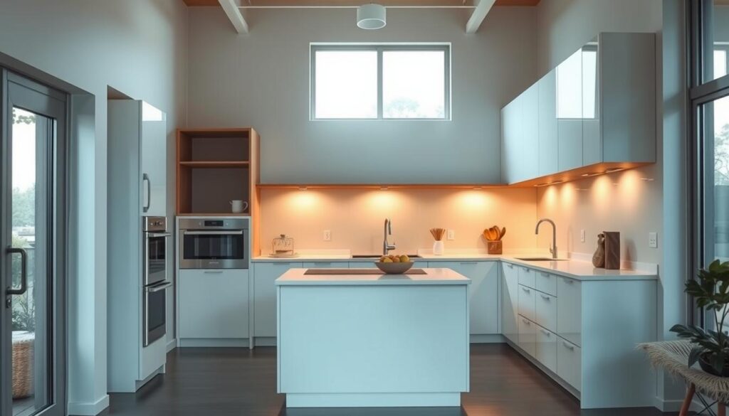 Sleek and minimalist open-concept kitchen with seamless white cabinetry, integrated appliances, and a floating wooden shelving unit. Warm ambient lighting casts a soft glow, highlighting the clean lines and clever storage solutions that maximize the limited space. The layout features a compact island countertop serving as both a prep area and casual dining spot, surrounded by ample natural light streaming in through large windows. The overall atmosphere evokes a sense of airy efficiency, perfectly suited for a small yet functional modern kitchen. Sleek and minimalist open-concept kitchen with seamless white cabinetry, integrated appliances, and a floating wooden shelving unit. Warm ambient lighting casts a soft glow, highlighting the clean lines and clever storage solutions that maximize the limited space. The layout features a compact island countertop serving as both a prep area and casual dining spot, surrounded by ample natural light streaming in through large windows. The overall atmosphere evokes a sense of airy efficiency, perfectly suited for a small yet functional modern kitchen.