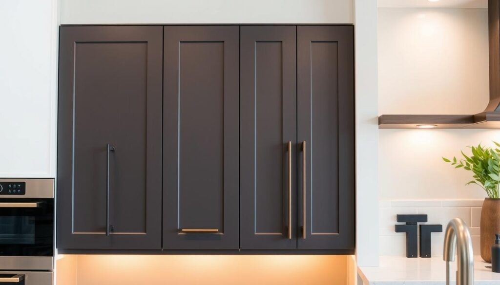 Sleek, minimalist kitchen cabinets with stylish hardware showcased in a well-lit, modern setting. The cabinets feature a mix of matte black and brushed brass pulls, knobs, and hinges, creating a sophisticated, cohesive look. The cabinets are arranged in a compact, efficient layout, highlighting their practical design. The overall scene has a warm, inviting atmosphere, with soft, diffused lighting illuminating the clean, contemporary aesthetic. Sleek, minimalist kitchen cabinets with stylish hardware showcased in a well-lit, modern setting. The cabinets feature a mix of matte black and brushed brass pulls, knobs, and hinges, creating a sophisticated, cohesive look. The cabinets are arranged in a compact, efficient layout, highlighting their practical design. The overall scene has a warm, inviting atmosphere, with soft, diffused lighting illuminating the clean, contemporary aesthetic.