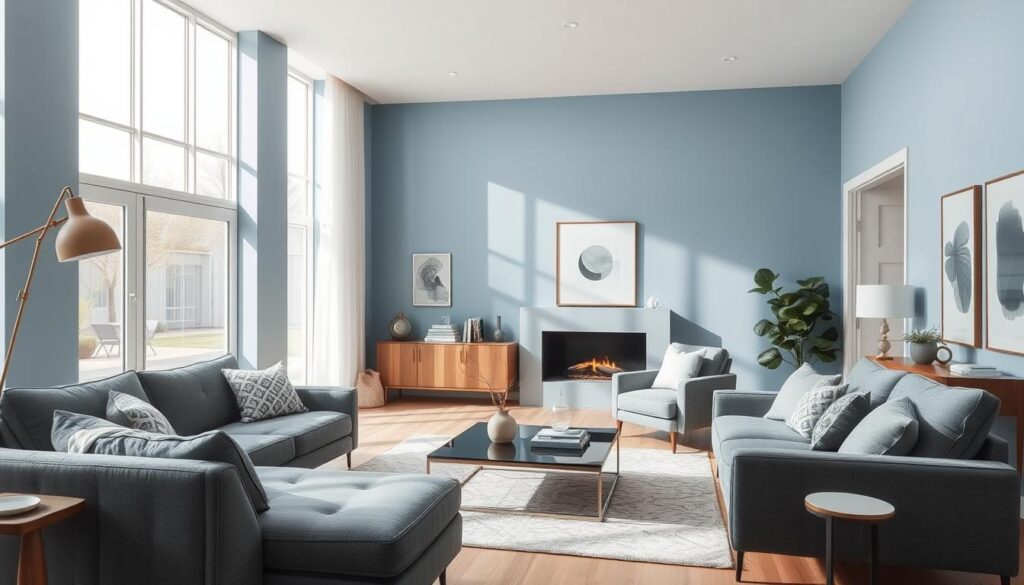 Soft blue walls with gray upholstered furniture Soft blue walls with gray upholstered furniture