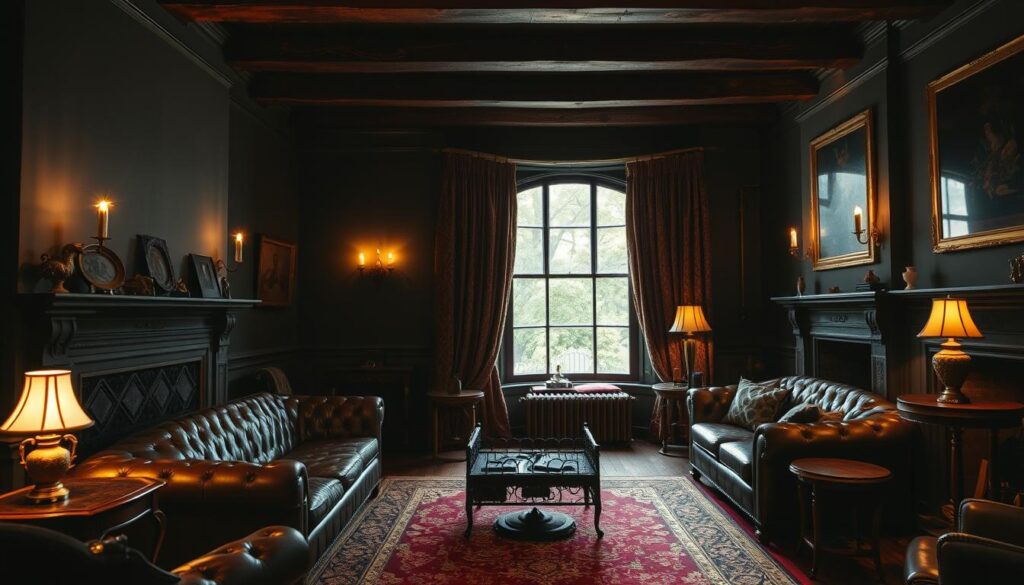 Vintage dark living room with rich, moody atmosphere. Tufted leather chesterfield sofa, ornate fireplace with cast iron grate, brass floor lamp casting warm glow. Antique side tables, Persian rug, heavy brocade curtains framing large bay window. Muted color palette of burgundy, olive, and charcoal. Soft, dramatic lighting from sconces and fireplace, creating dramatic shadows. Aged wooden beams on high ceiling, giving cozy, intimate feel. Overall sense of timeless elegance and refined, eclectic style. Vintage dark living room with rich, moody atmosphere. Tufted leather chesterfield sofa, ornate fireplace with cast iron grate, brass floor lamp casting warm glow. Antique side tables, Persian rug, heavy brocade curtains framing large bay window. Muted color palette of burgundy, olive, and charcoal. Soft, dramatic lighting from sconces and fireplace, creating dramatic shadows. Aged wooden beams on high ceiling, giving cozy, intimate feel. Overall sense of timeless elegance and refined, eclectic style.