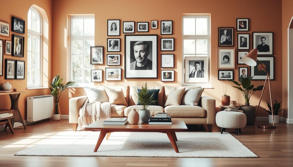 Warm-toned living room with an array of framed artwork and photographs adorning the walls. A sleek, minimalist sofa anchors the space, complemented by plush throw pillows and a cozy knit blanket. Sunlight streams in through large windows, casting a soft, natural glow. A mid-century modern coffee table displays a mix of hardcover books and decorative accents. Potted plants and a sculptural floor lamp add pops of greenery and visual interest. The overall atmosphere is inviting, serene, and thoughtfully curated. Warm-toned living room with an array of framed artwork and photographs adorning the walls. A sleek, minimalist sofa anchors the space, complemented by plush throw pillows and a cozy knit blanket. Sunlight streams in through large windows, casting a soft, natural glow. A mid-century modern coffee table displays a mix of hardcover books and decorative accents. Potted plants and a sculptural floor lamp add pops of greenery and visual interest. The overall atmosphere is inviting, serene, and thoughtfully curated.
