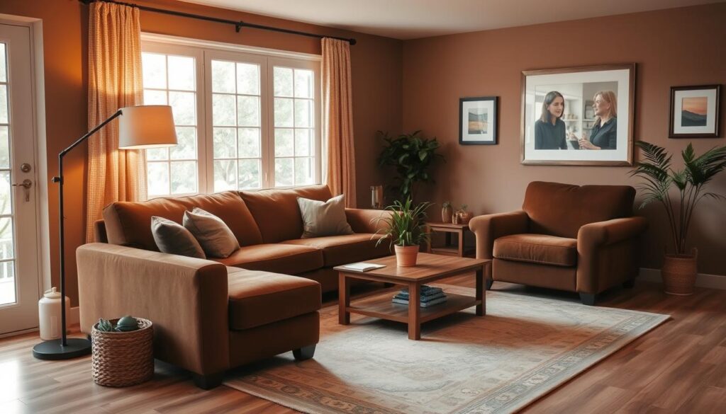 a cozy and inviting living room with a warm brown color scheme, soft lighting from a large window and a floor lamp, a plush brown sofa and armchair, a wooden coffee table with a potted plant, a large rug with a subtle pattern, and a few framed art pieces on the walls, creating a comfortable and relaxing atmosphere