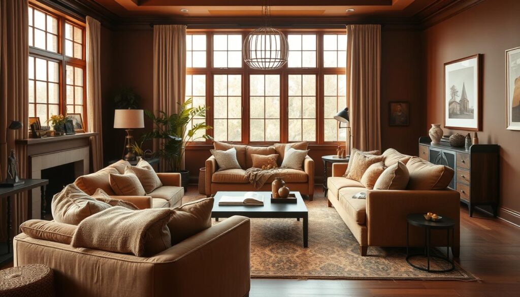a cozy and inviting living room with a warm, earthy color palette. the walls are painted in a rich, deep brown hue, complemented by plush, textured furnishings in complementary shades of camel, taupe, and beige. the room is bathed in soft, natural lighting from large windows, creating a calming and serene atmosphere. the furniture is arranged in a harmonious, balanced layout, with a focus on comfortable seating and plush, textured accessories. the overall aesthetic is one of sophistication and timeless style, making it the perfect setting to showcase the nuances of brown as a versatile and stylish living room color.