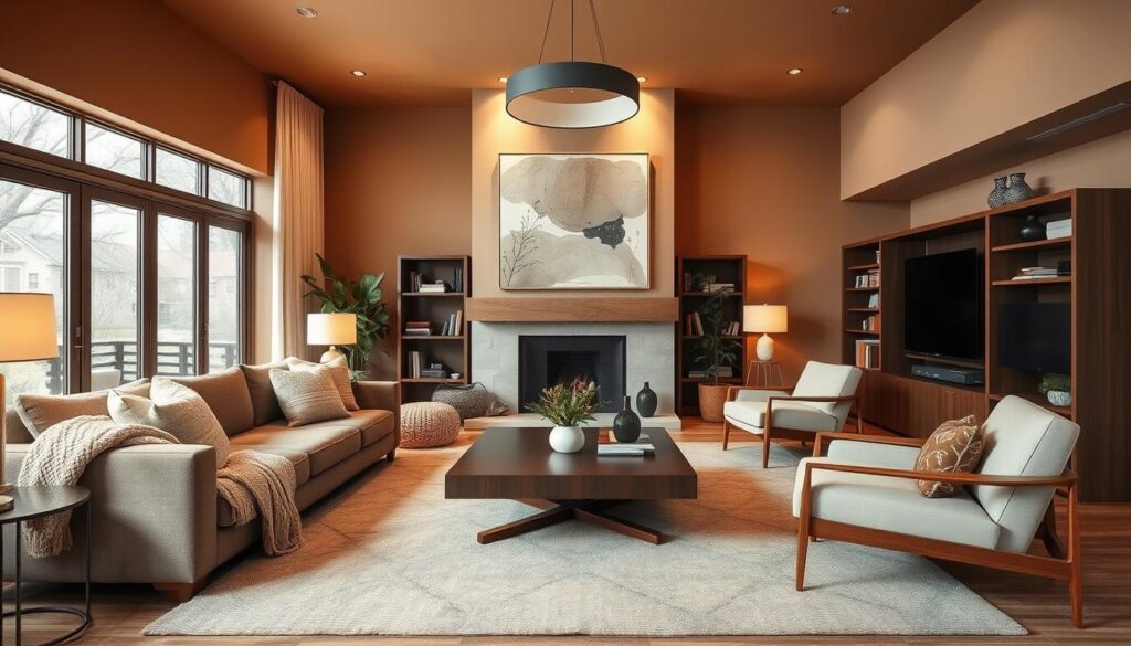 a cozy and inviting modern brown living room with a large L-shaped sofa, plush throw pillows, and a cozy knit blanket draped over the arm. A wooden coffee table with a sleek glass top sits in the center, surrounded by two mid-century modern armchairs. The walls are painted in a warm, earthy tone, and a large, abstract piece of art hangs above the fireplace, which is flanked by built-in bookshelves. Soft lighting from a pendant lamp and floor lamps creates a comfortable, relaxing ambiance. Large windows allow natural light to flood the space, and potted plants and textured rugs add warmth and texture to the room.