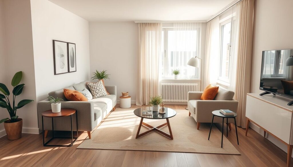 a cozy and inviting small living room layout with a stylish and efficient arrangement of furniture, including a comfortable sofa, armchair, and occasional tables, set against a minimalist, light-filled background with warm natural lighting filtering through large windows, creating a harmonious and visually appealing space that maximizes the available square footage and showcases practical design solutions for compact living areas a cozy and inviting small living room layout with a stylish and efficient arrangement of furniture, including a comfortable sofa, armchair, and occasional tables, set against a minimalist, light-filled background with warm natural lighting filtering through large windows, creating a harmonious and visually appealing space that maximizes the available square footage and showcases practical design solutions for compact living areas
