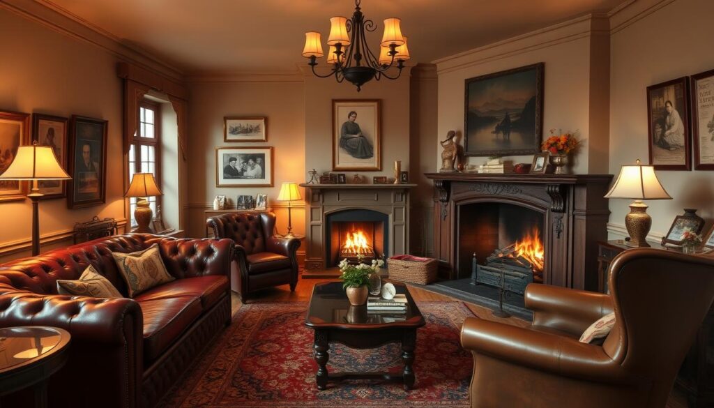 a cozy and well-appointed vintage living room with warm, muted tones and a sense of timeless elegance. the room features a plush, tufted chesterfield sofa in a rich, burgundy leather, complemented by a pair of matching wingback chairs. a large, ornate fireplace with a detailed mantel and crackling fire serves as the focal point, casting a soft, amber glow throughout the space. the floors are covered in a vintage, Persian-style area rug, and the walls are adorned with framed art and family photographs, adding personal touches. the lighting is a mix of brass floor lamps and a chandelier with antique-inspired glass shades, creating a cozy and inviting atmosphere. the overall scene evokes a sense of nostalgic charm and refined sophistication. a cozy and well-appointed vintage living room with warm, muted tones and a sense of timeless elegance. the room features a plush, tufted chesterfield sofa in a rich, burgundy leather, complemented by a pair of matching wingback chairs. a large, ornate fireplace with a detailed mantel and crackling fire serves as the focal point, casting a soft, amber glow throughout the space. the floors are covered in a vintage, Persian-style area rug, and the walls are adorned with framed art and family photographs, adding personal touches. the lighting is a mix of brass floor lamps and a chandelier with antique-inspired glass shades, creating a cozy and inviting atmosphere. the overall scene evokes a sense of nostalgic charm and refined sophistication.