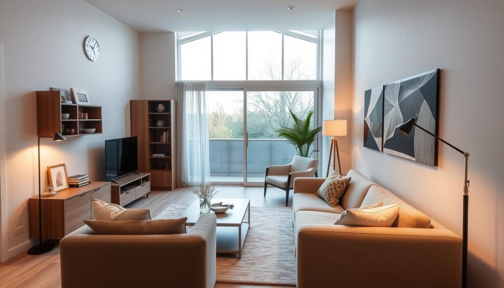 a cozy and well-designed small living room with neutral color palette, natural light, and carefully curated furnishings and decor. the room features a comfortable sofa, armchair, and coffee table arrangement in the foreground, with a minimalist wall unit or shelving system in the middle ground. the background showcases a large window or sliding glass door, allowing natural light to flood the space and create a sense of openness. the lighting is a mix of ambient and task lighting, with a stylish floor lamp or pendant light providing a warm, inviting glow. the overall atmosphere is one of functional efficiency, visual balance, and a serene, calming ambiance.