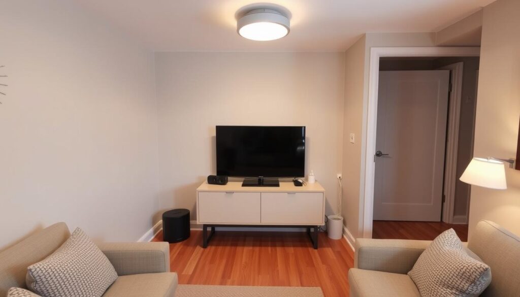 a cozy and well-lit small living room with a neatly placed flat-screen TV, positioned at an optimal viewing angle on a stylish media console. The room has warm-toned wooden floors, neutral-colored walls, and a few minimalist decor pieces that complement the TV placement. Soft task lighting on the console and a diffused overhead light create a comfortable, inviting atmosphere. The TV is sized appropriately for the compact space, neither too large nor too small, creating a balanced and harmonious living area design. a cozy and well-lit small living room with a neatly placed flat-screen TV, positioned at an optimal viewing angle on a stylish media console. The room has warm-toned wooden floors, neutral-colored walls, and a few minimalist decor pieces that complement the TV placement. Soft task lighting on the console and a diffused overhead light create a comfortable, inviting atmosphere. The TV is sized appropriately for the compact space, neither too large nor too small, creating a balanced and harmonious living area design.